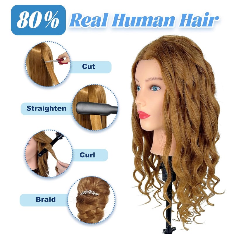 Firstwon Mannequin Head Human Hair- Cosmetology Manikin Doll Head with 80% Real Hair for Hairdresser Practice Styling BraidingTraining Heads & Free Clamp Holder (Color #27） - Image 2